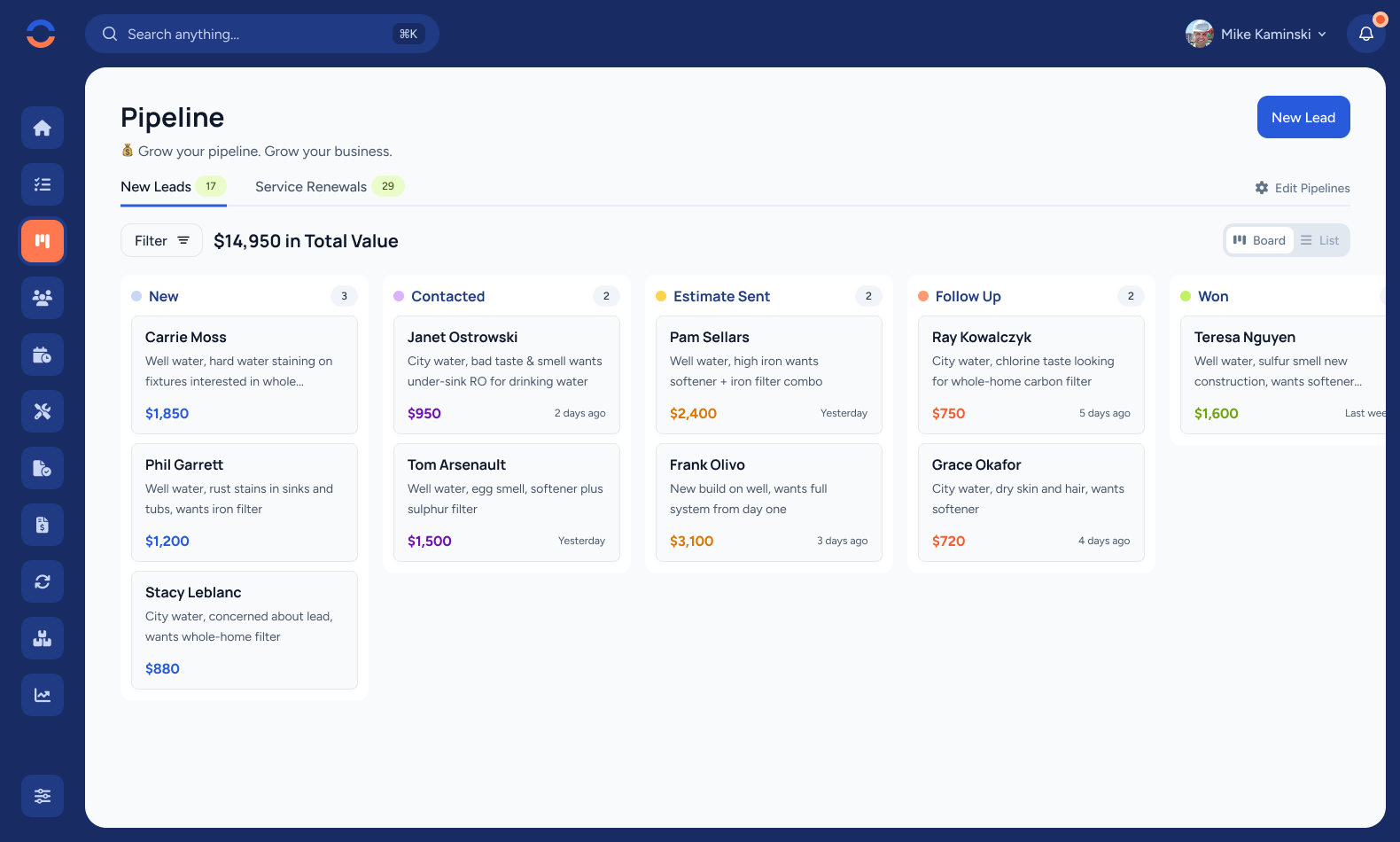 WorkBoss CRM pipeline board showing plumbing leads organized by stage — New, Contacted, Estimate Sent, Follow Up, and Won