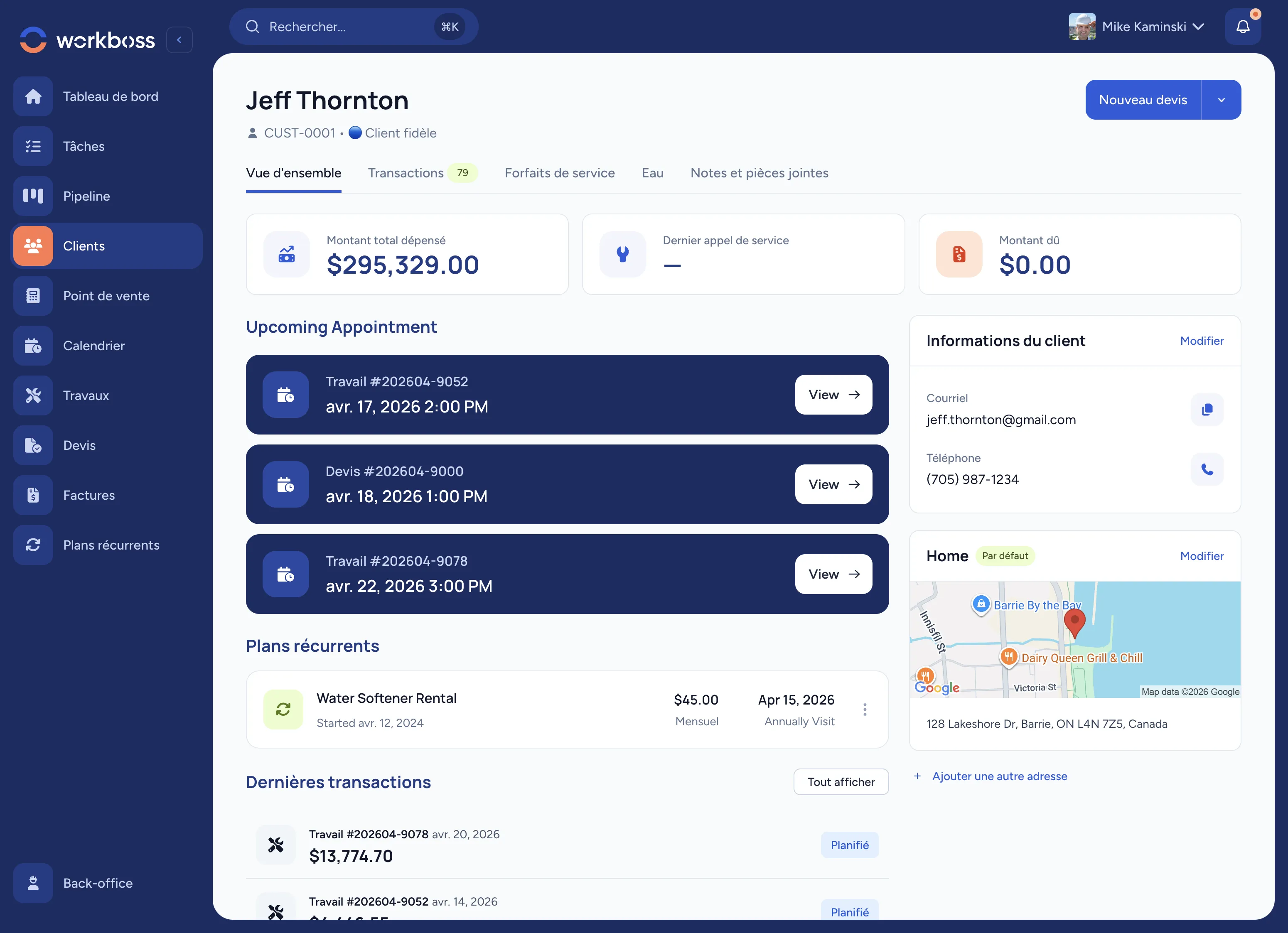Interface de l'application WorkBoss montrant la gestion des clients et la planification des travaux