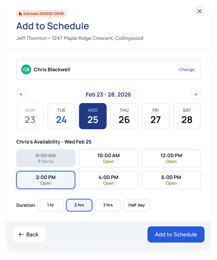WorkBoss scheduling calendar showing technician availability with colour-coded time slots, week view, and drag-and-drop job assignment