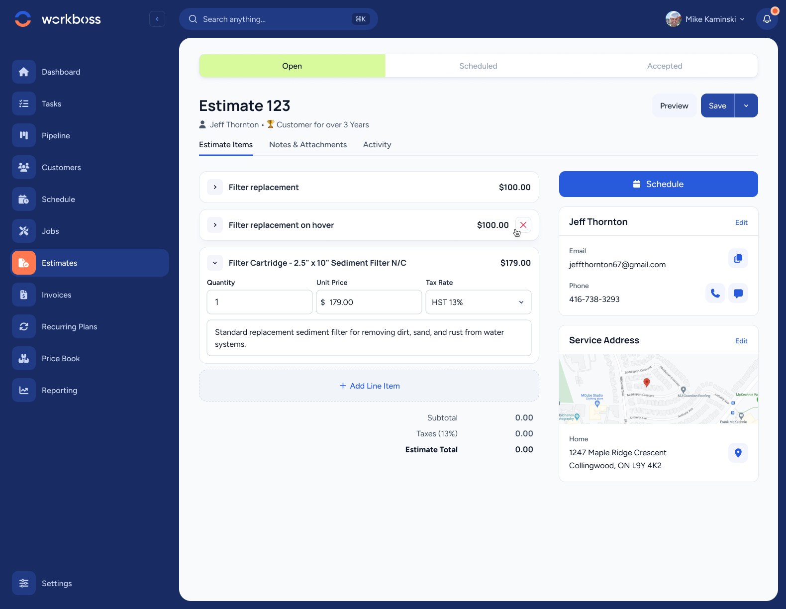 WorkBoss estimate builder showing line items for a plumbing repair job with labor, parts, and total